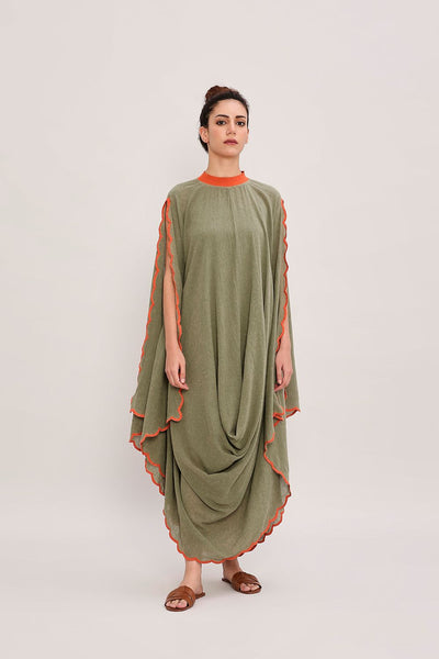 Green Ribbed Scallop Cowl Dress