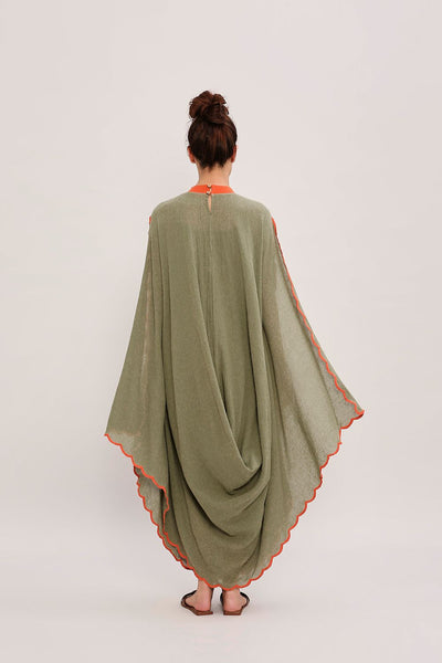 Green Ribbed Scallop Cowl Dress