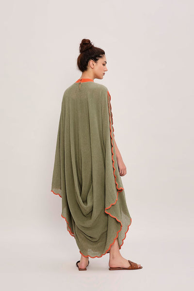 Green Ribbed Scallop Cowl Dress