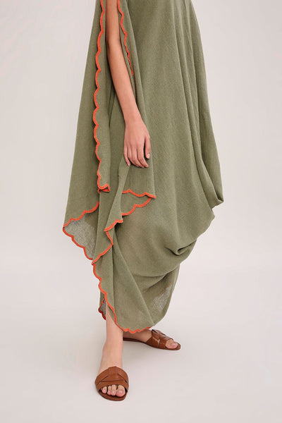 Green Ribbed Scallop Cowl Dress