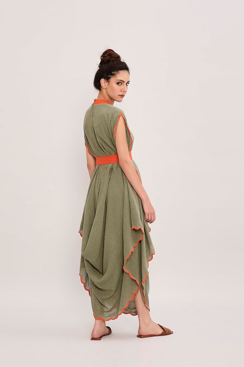 Green Ribbed Scallop Cowl Dress