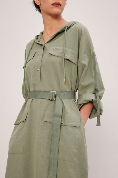 Green Safari Pocket Hooded Dress