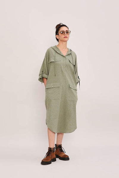 Green Safari Pocket Hooded Dress