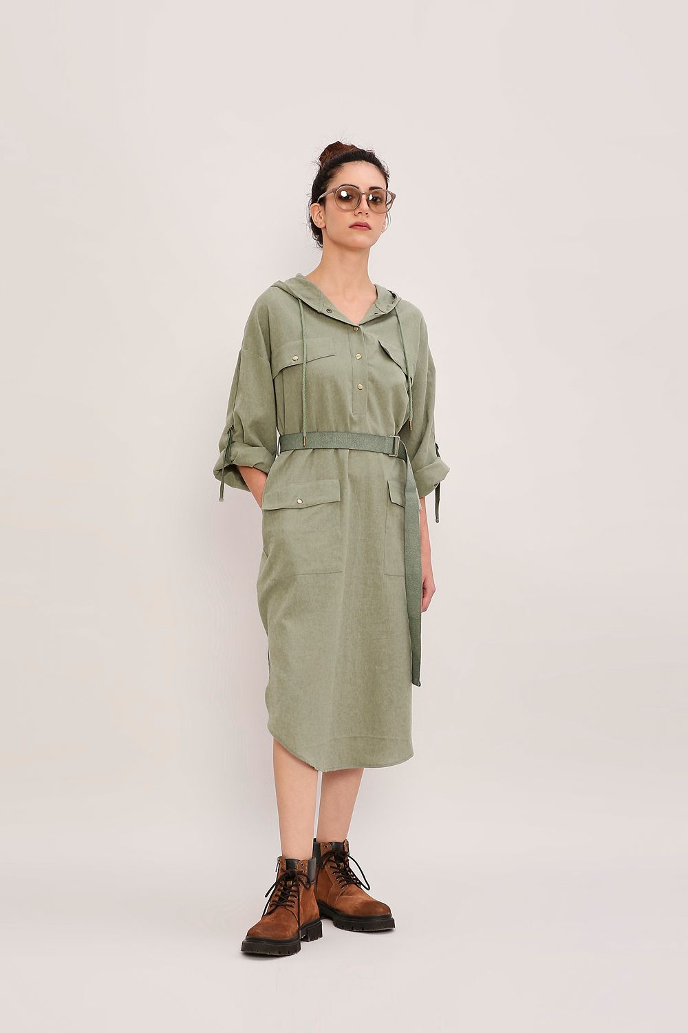 Green Safari Pocket Hooded Dress