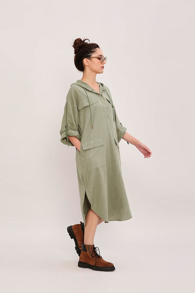 Green Safari Pocket Hooded Dress