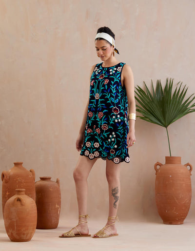 Midnight Blue and Multi Color Thread Embroidery Mini Dress