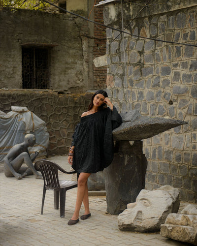 KUMUDA BALLOON APPLIQUE SILK DRESS