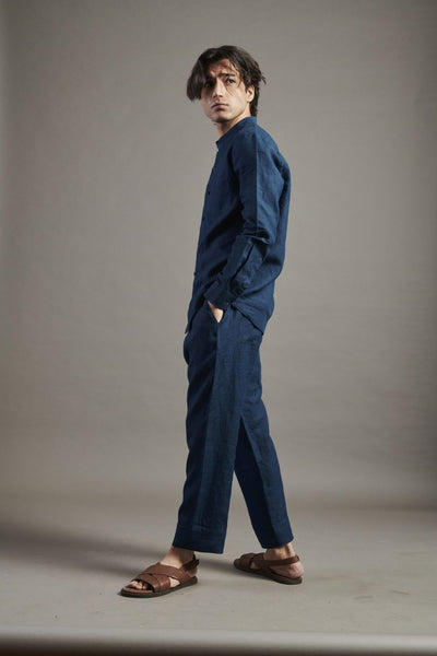 Indigo Linen Band Collar Shirt