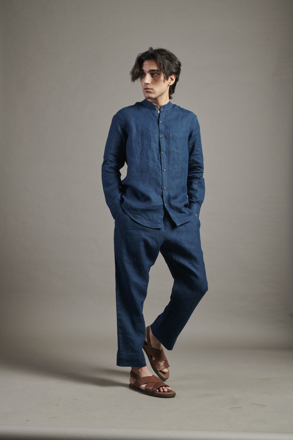 Indigo Linen Band Collar Shirt