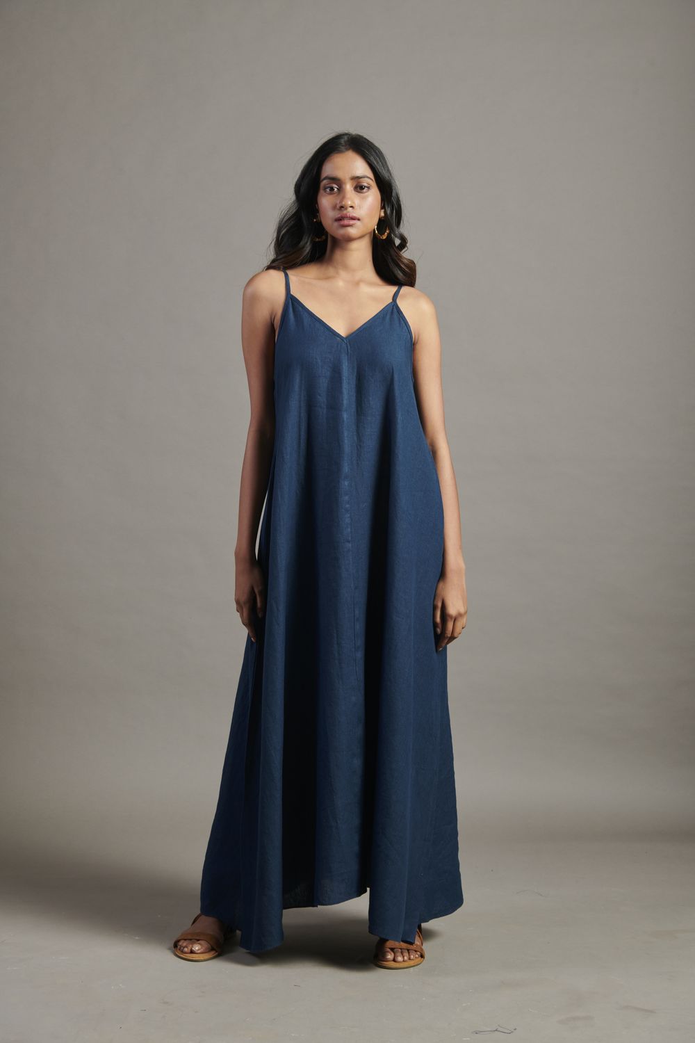 Indigo Linen Flared Slip Dress