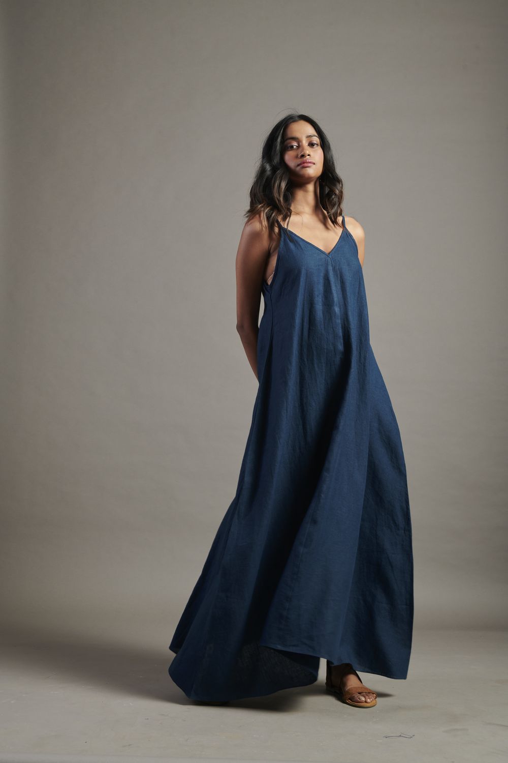 Indigo Linen Flared Slip Dress