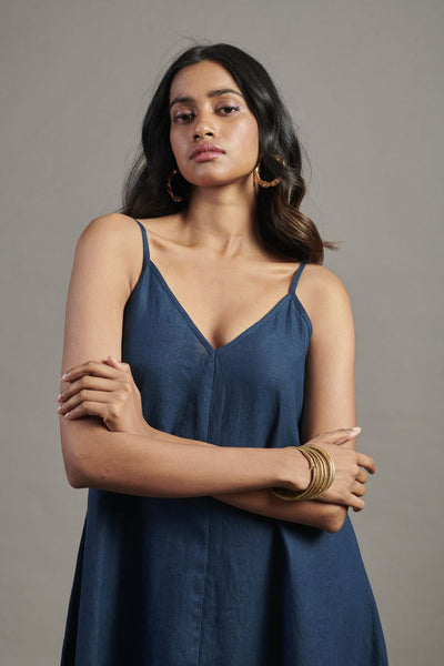 Indigo Linen Flared Slip Dress