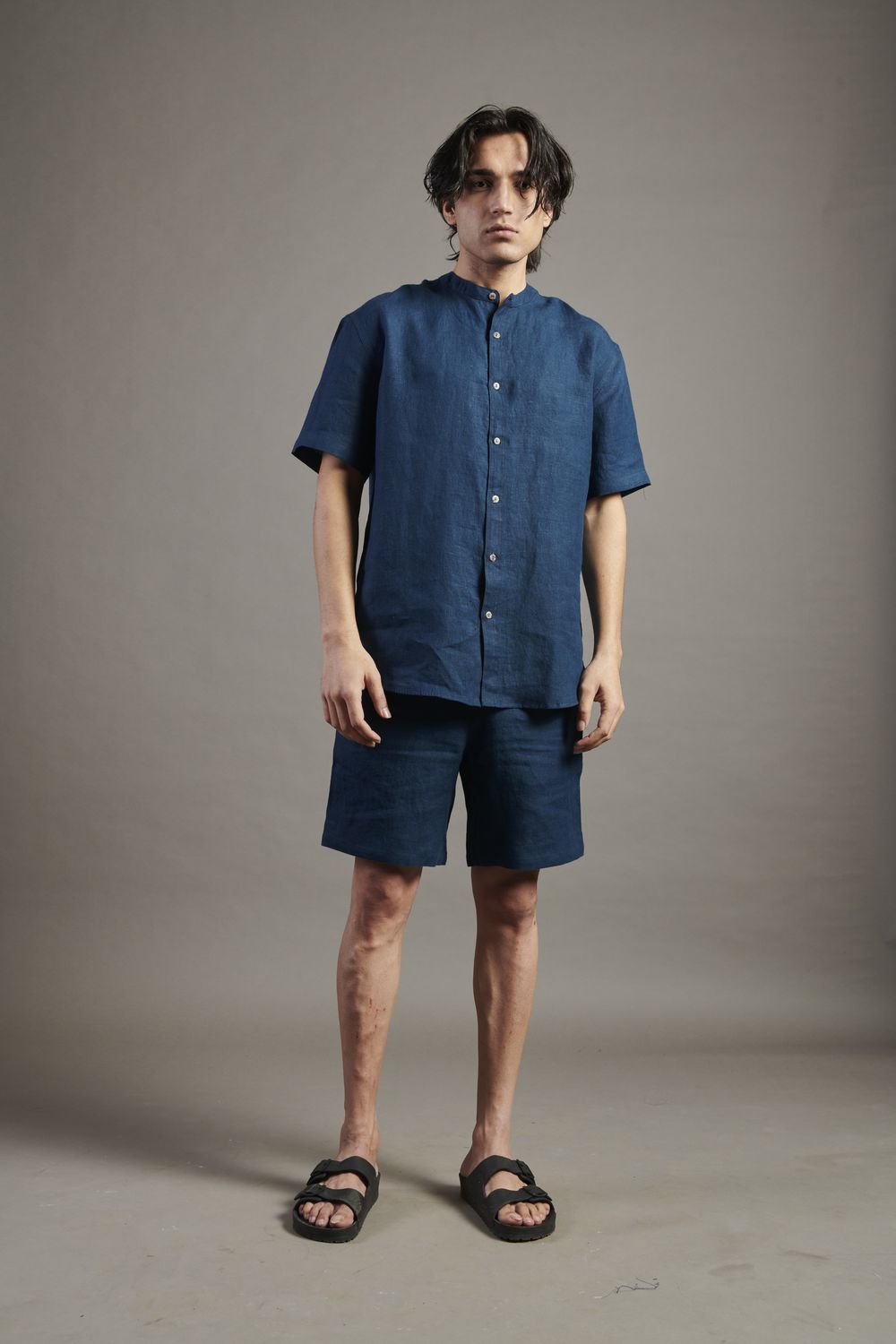 Indigo Linen Half Sleeves Band Collar Shirt