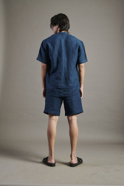 Indigo Linen Half Sleeves Band Collar Shirt