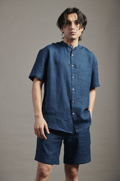 Indigo Linen Half Sleeves Band Collar Shirt