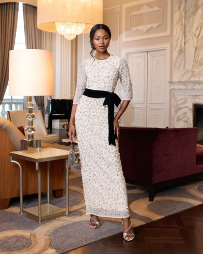 Ivory Embellished Evening Gown with Velvet Bow