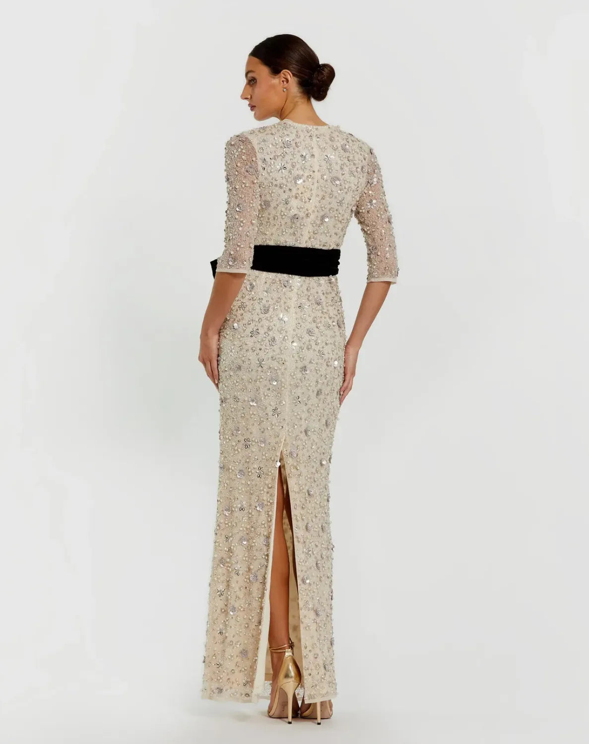 Ivory Embellished Evening Gown with Velvet Bow