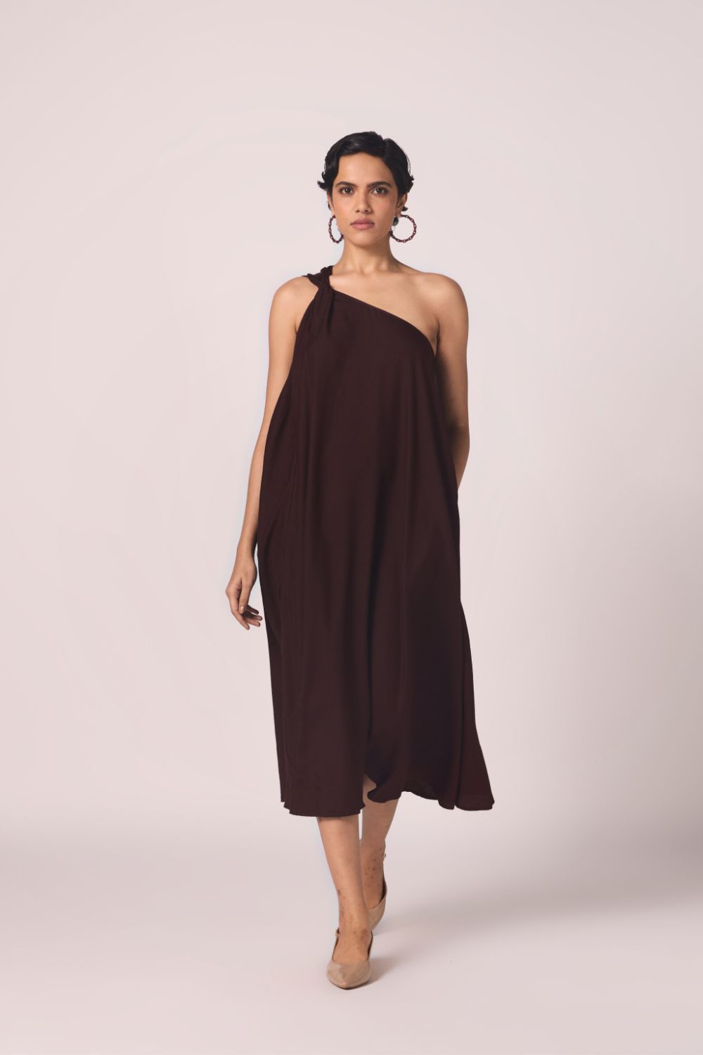 Izar Wine Silk One Shoulder Dress