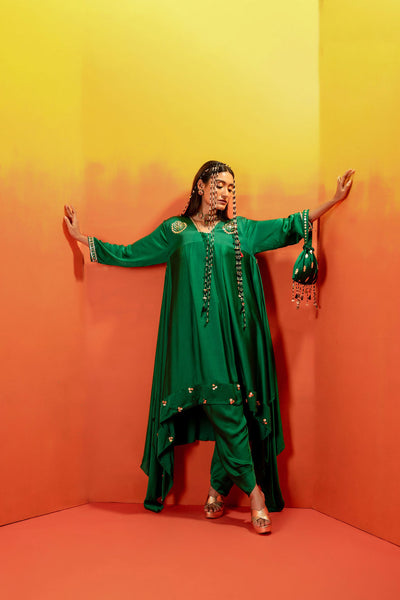 Vani Green Asymmetric Kurta Set with coord Dupatta