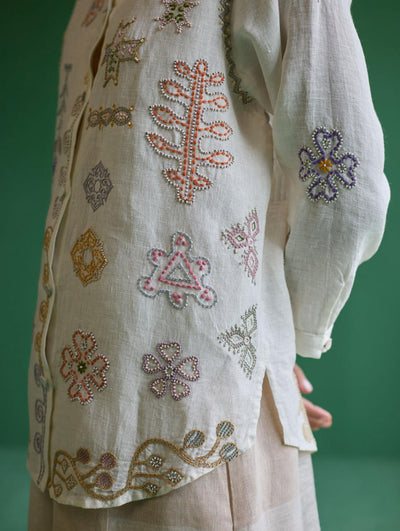 Tansa Hand-Embroidered Metallic Linen Shirt
 - Ivory
