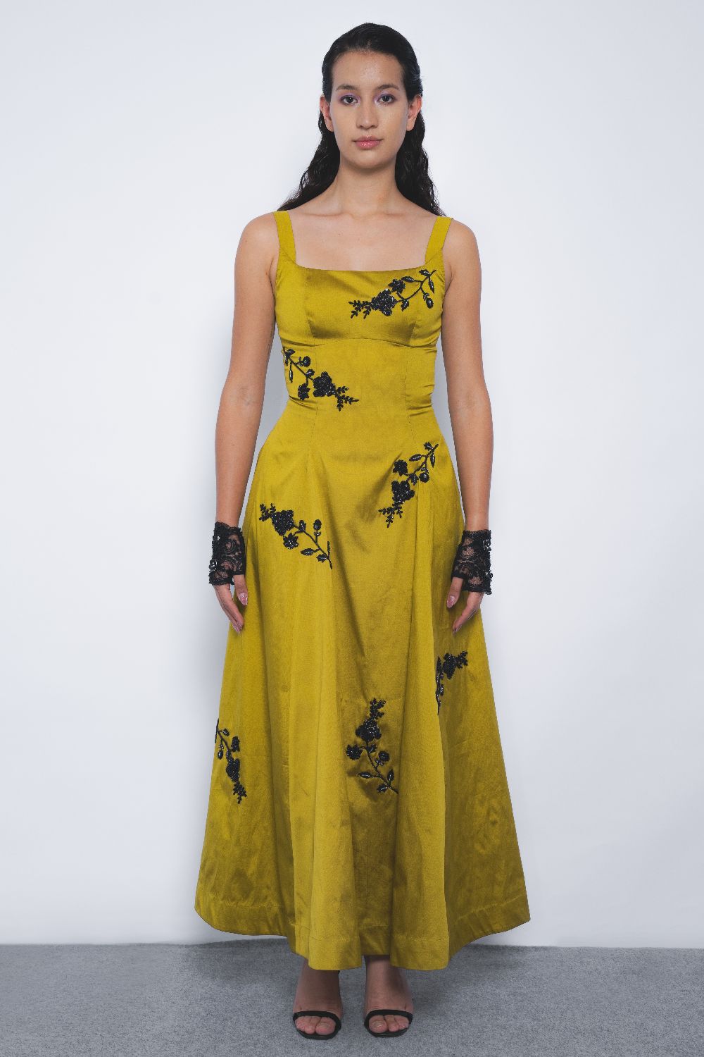 Kaika Embroidered Strap Dress - Mustard and Black