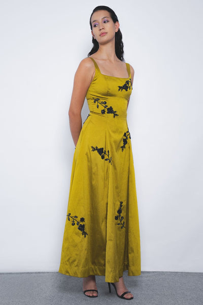 Kaika Embroidered Strap Dress - Mustard and Black