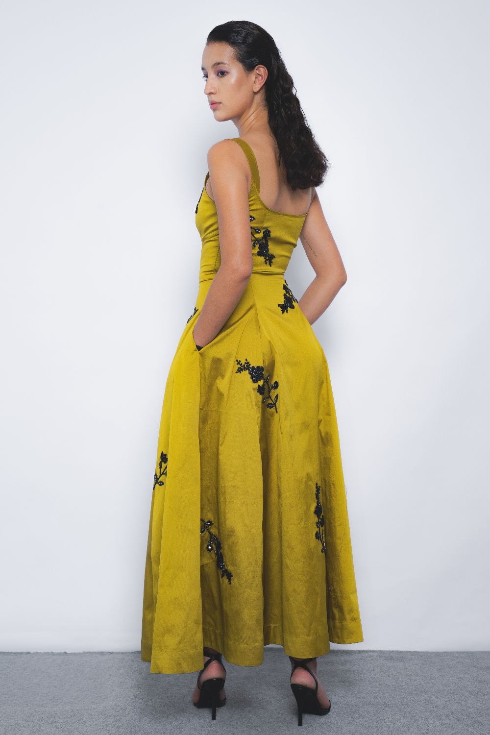 Kaika Embroidered Strap Dress - Mustard and Black