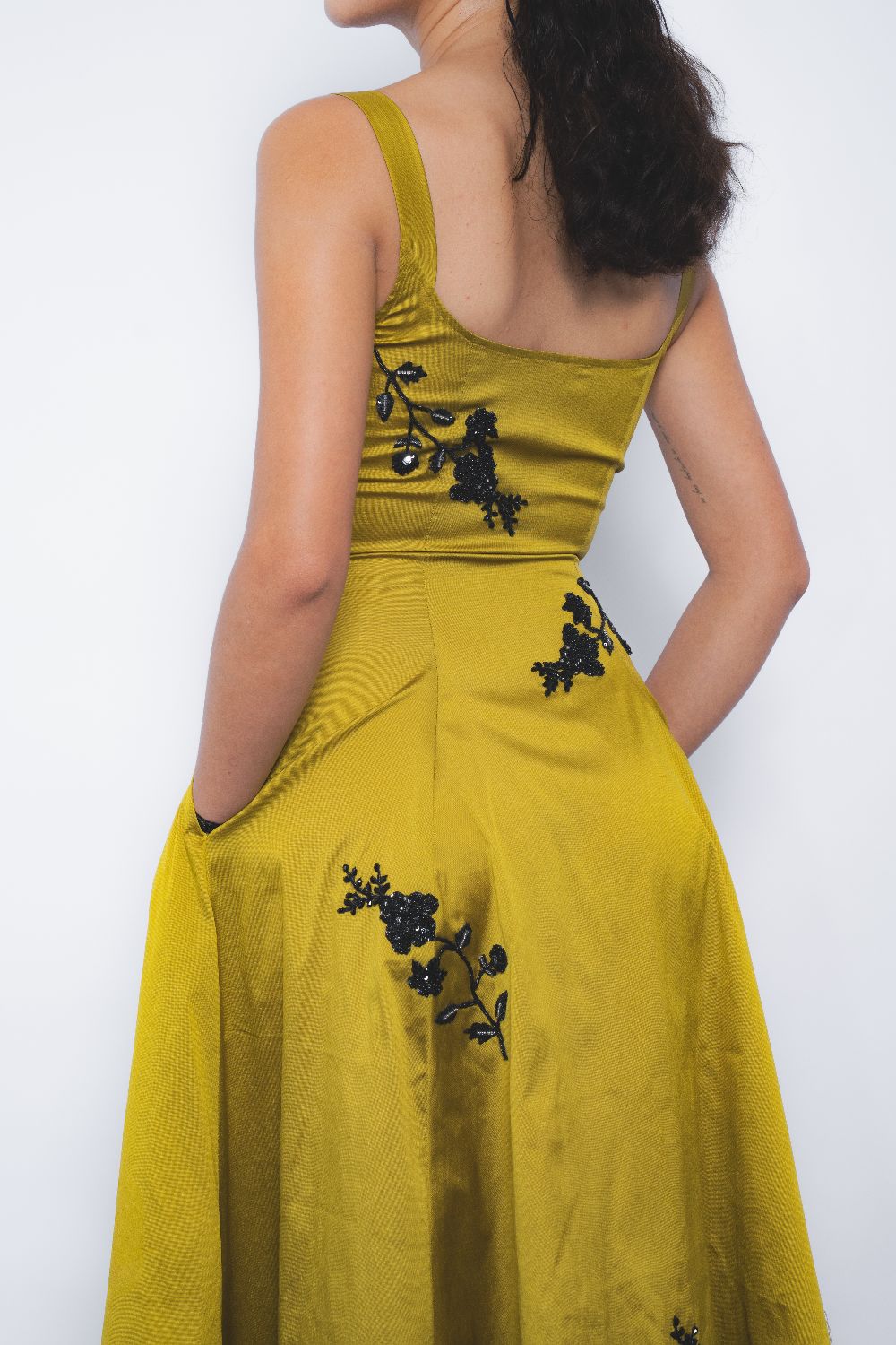Kaika Embroidered Strap Dress - Mustard and Black