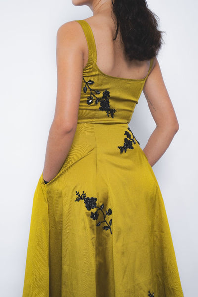 Kaika Embroidered Strap Dress - Mustard and Black