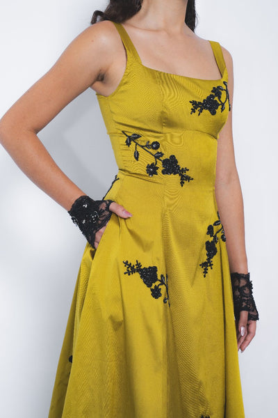 Kaika Embroidered Strap Dress - Mustard and Black