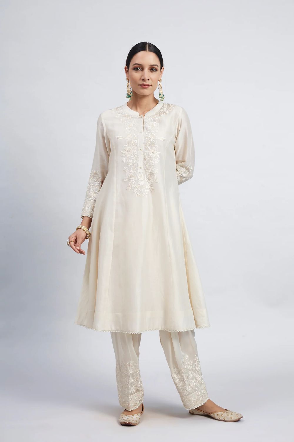 Kaina A-line short kurta with salwar and dupatta-Daisy Ivory