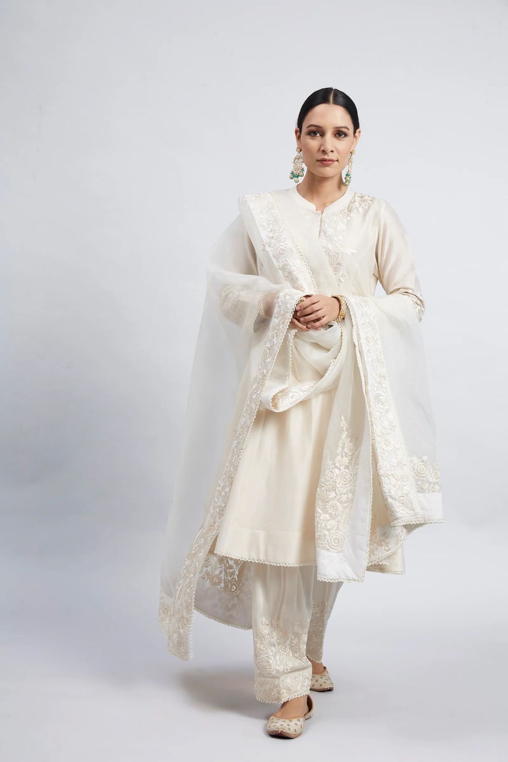Kaina A-line short kurta with salwar and dupatta-Daisy Ivory