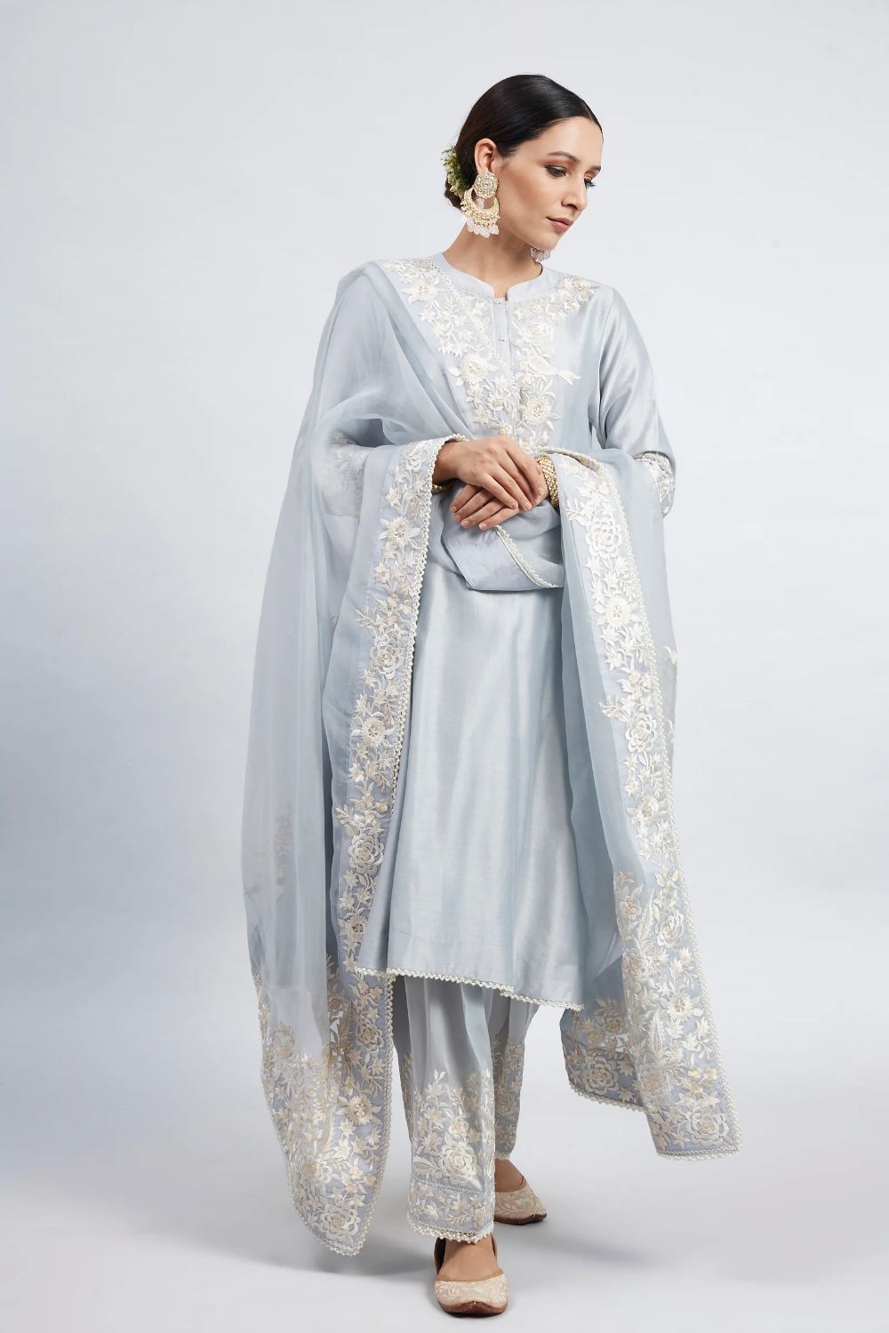Kaina A-line short kurta with salwar and dupatta-Teal Blue