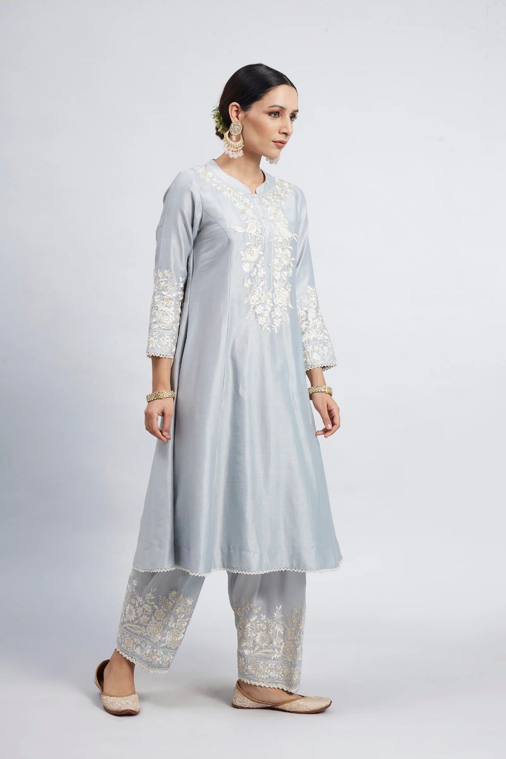 Kaina A-line short kurta with salwar and dupatta-Teal Blue