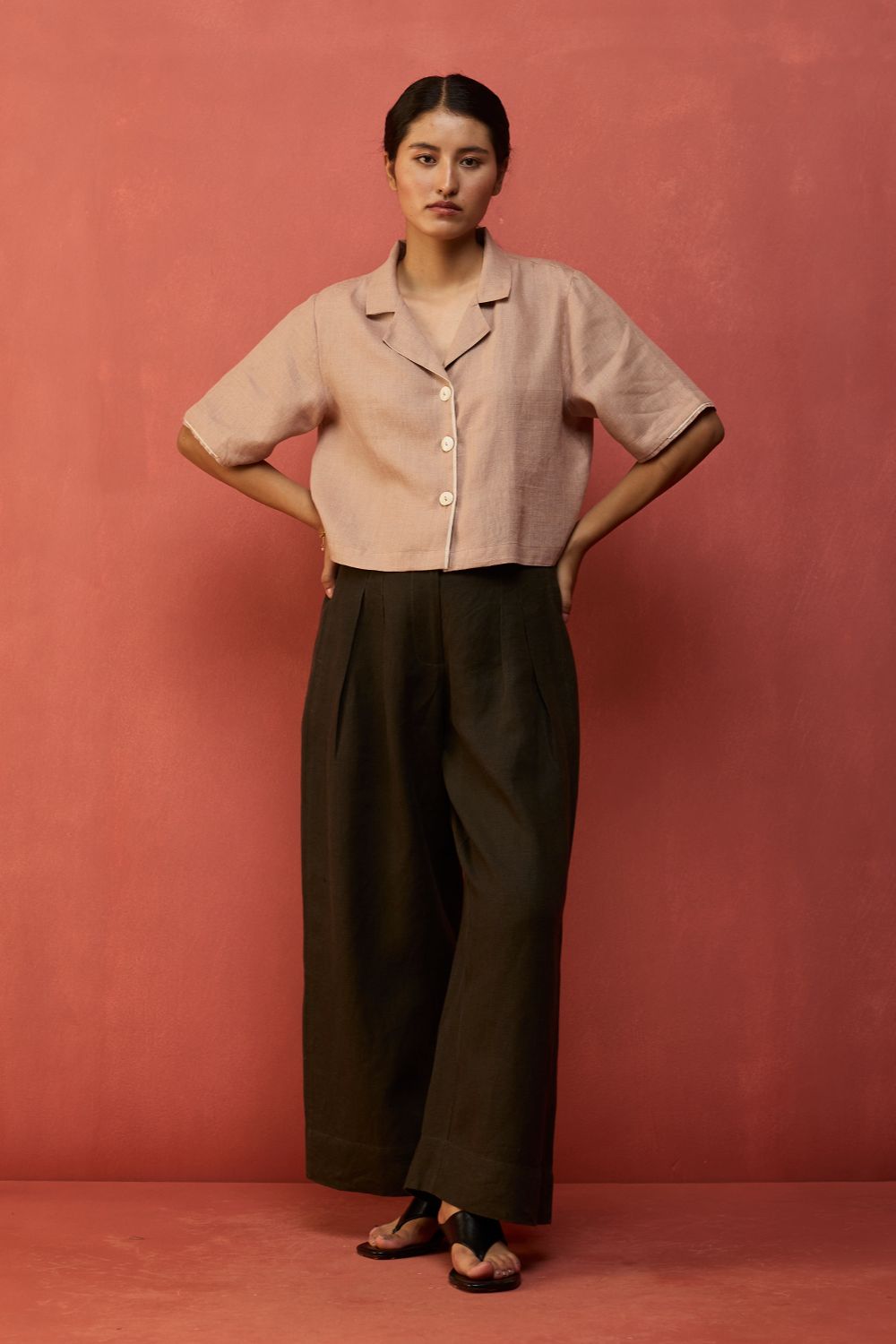 Kiera Cuban Collar Linen Co-ord Set - Dusty Rose