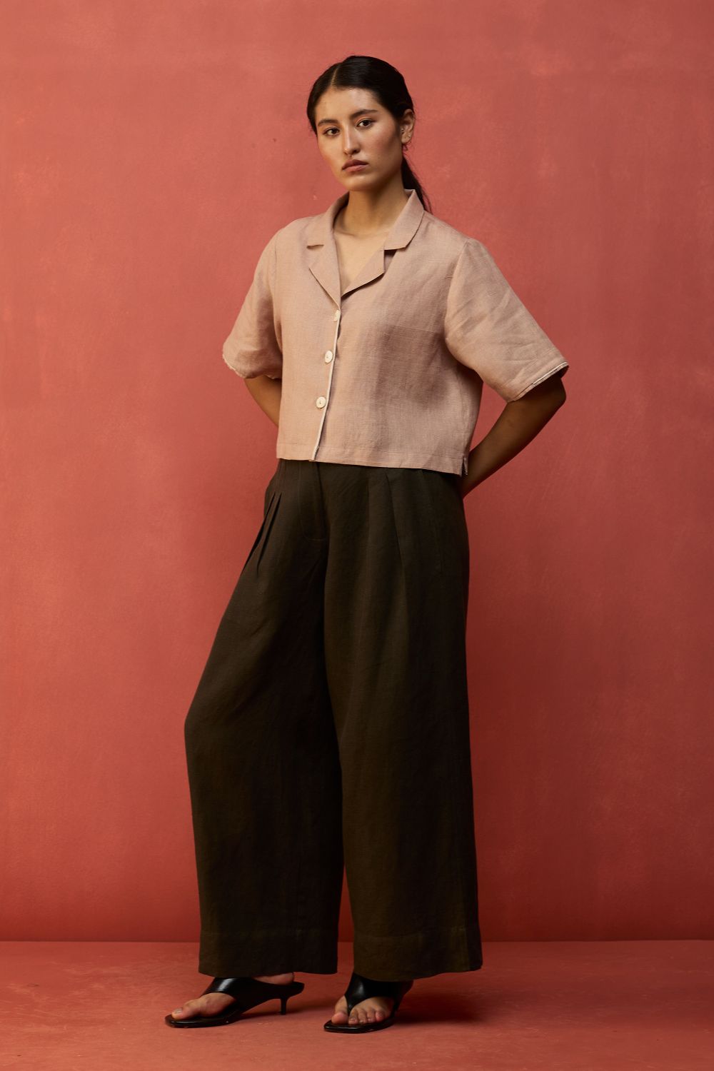 Kiera Cuban Collar Linen Co-ord Set - Dusty Rose
