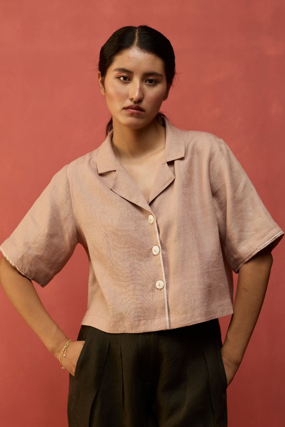Kiera Cuban Collar Linen Co-ord Set - Dusty Rose