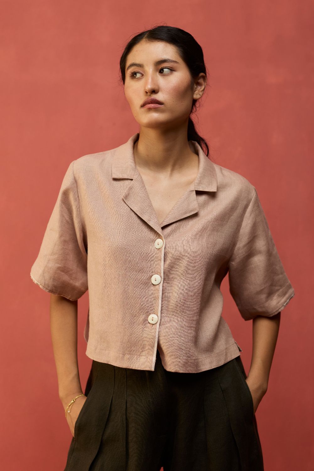 Kiera Cuban Collar Linen Co-ord Set - Dusty Rose