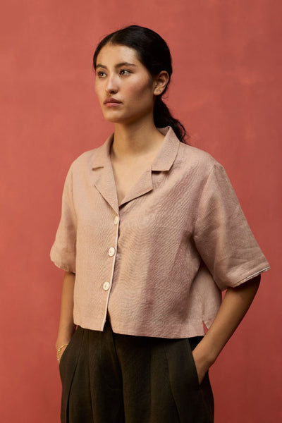 Kiera Cuban Collar Linen Co-ord Set - Dusty Rose