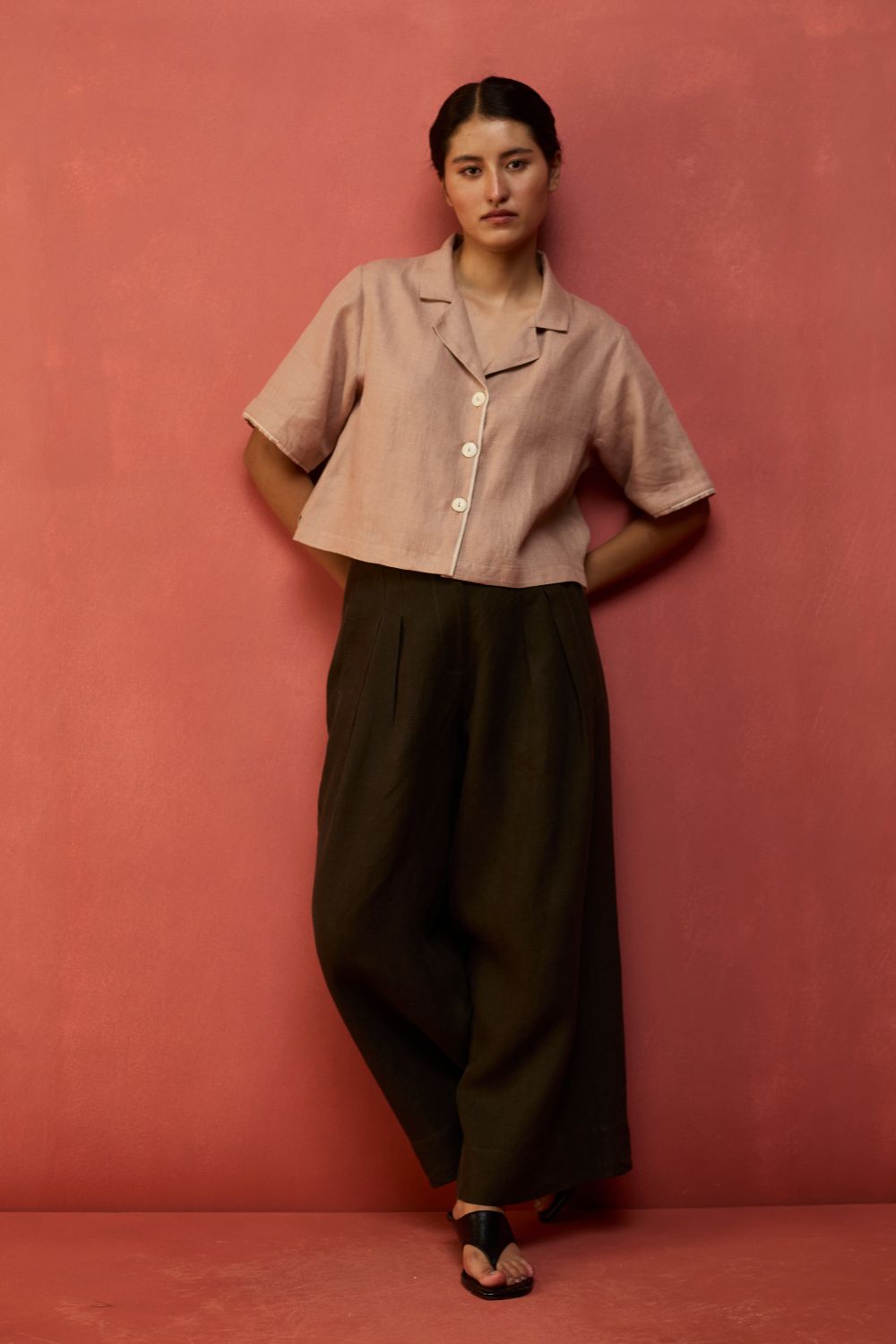 Kiera Cuban Collar Linen Co-ord Set - Dusty Rose
