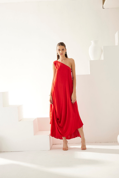 Red one shoulder drape maxi dress