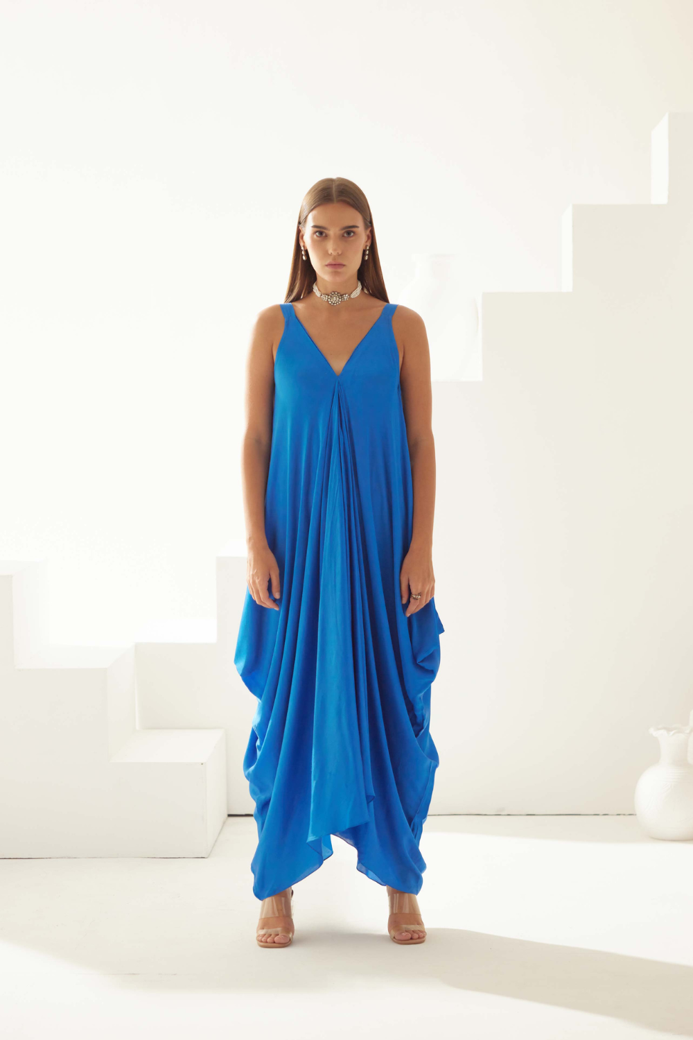 Cobalt blue satin maxi dress