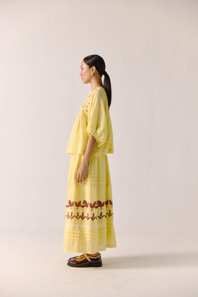 Leah set (leah top + emily skirt)-Butter yellow Anaar Emb + Block Printed Skirt