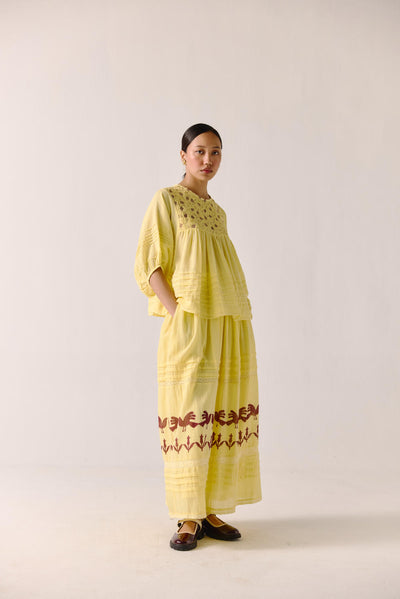 Leah set (leah top + emily skirt)-Butter yellow Anaar Emb + Block Printed Skirt
