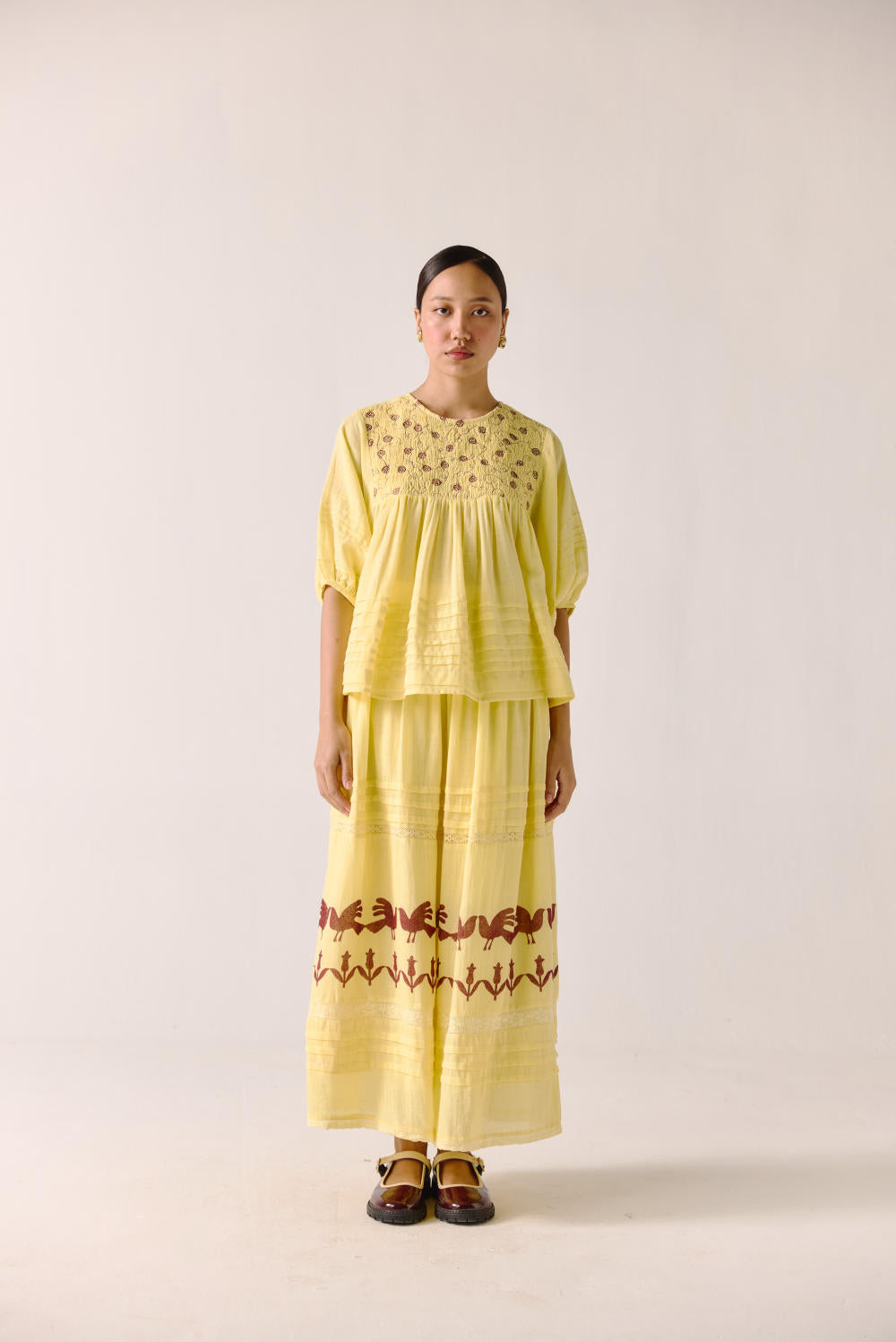 Leah set (leah top + emily skirt)-Butter yellow Anaar Emb + Block Printed Skirt