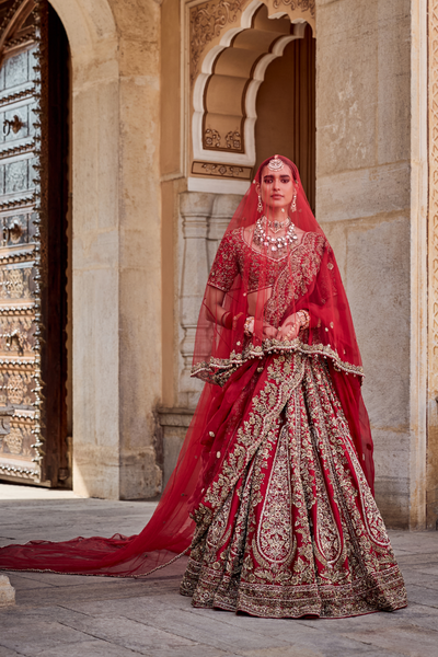 Mahanoor - Dabka Zardozi Embroidered Pure Silk Red Bridal Lehenga Set