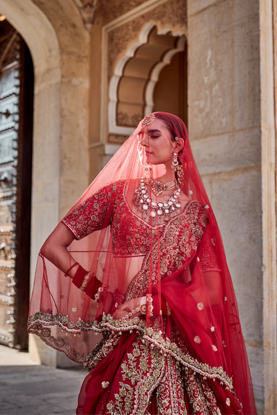Mahanoor - Dabka Zardozi Embroidered Pure Silk Red Bridal Lehenga Set