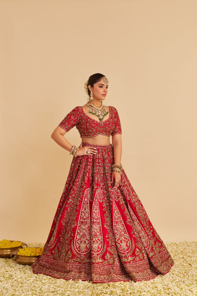 Mahanoor - Dabka Zardozi Embroidered Pure Silk Red Bridal Lehenga Set