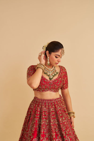 Mahanoor - Dabka Zardozi Embroidered Pure Silk Red Bridal Lehenga Set