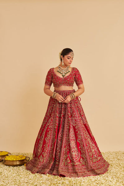 Mahanoor - Dabka Zardozi Embroidered Pure Silk Red Bridal Lehenga Set